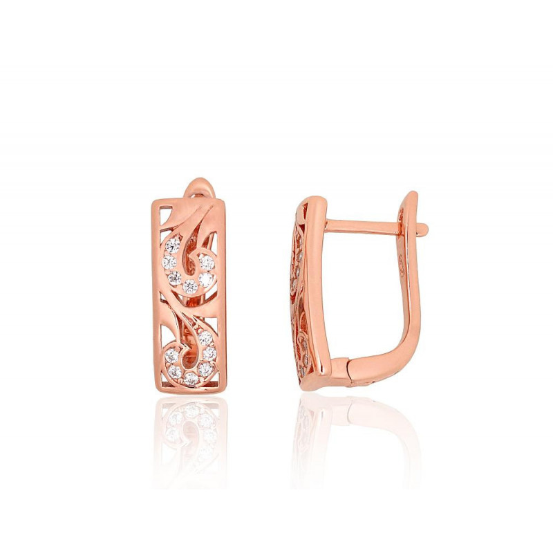 Sidabriniai auskarai ant cilindrinės spynos 2204212(PAu-R)_CZ, Sidabras 925°, raudonas auksas (padengti), Cirkonai