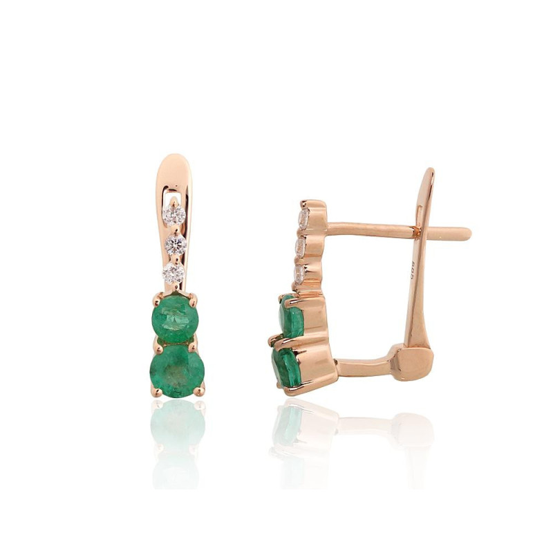 Auksiniai auskarai ant cilindrinės spynos 1201768(Au-R)_DI+EM, Raudonas Auksas 585°, Briliantai , Smaragdas