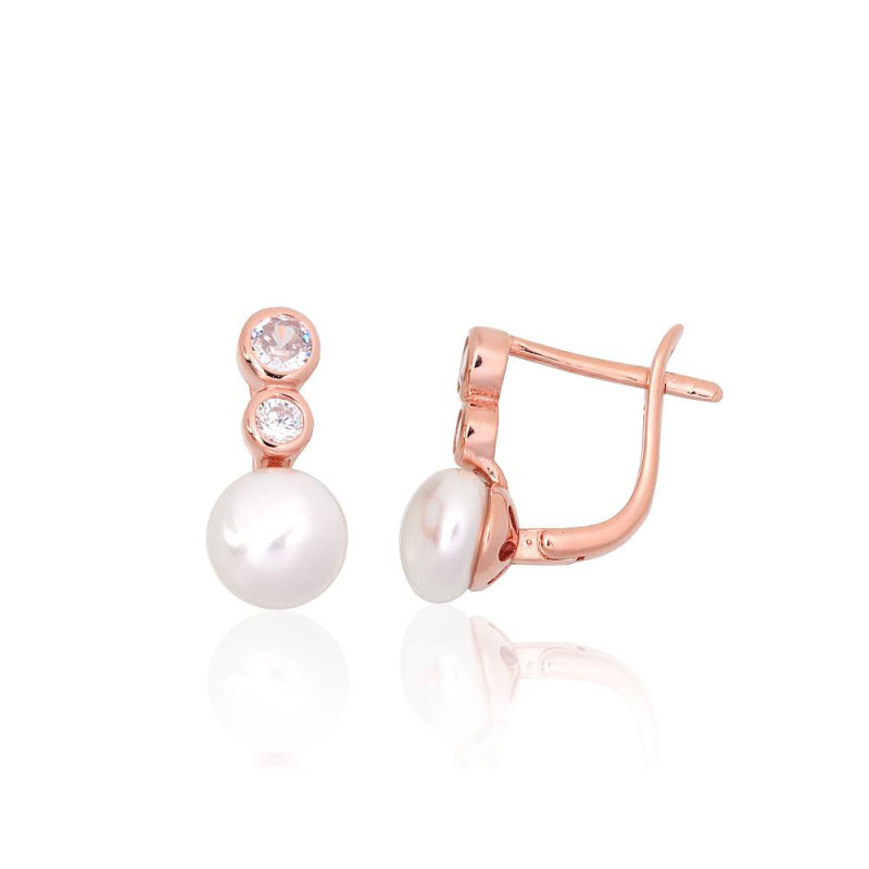 Sidabriniai auskarai ant cilindrinės spynos 2204151(PAu-R)_CZ+PE, Sidabras 925°, raudonas auksas (padengti), Cirkonai ,