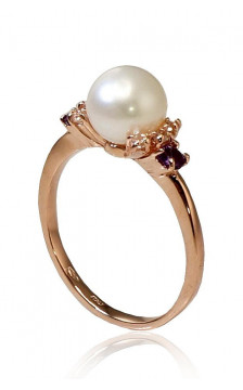 Auksinis žiedas 1100253(Au-R)_CZ+AM+PE, Raudonas Auksas 585°, Cirkonai , Ametistas , Perlai