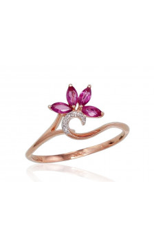 Auksinis žiedas 1100421(Au-R+PRh-W)_DI+RB, Raudonas Auksas 585°, rodis (padengti) , Briliantai , Rubinas