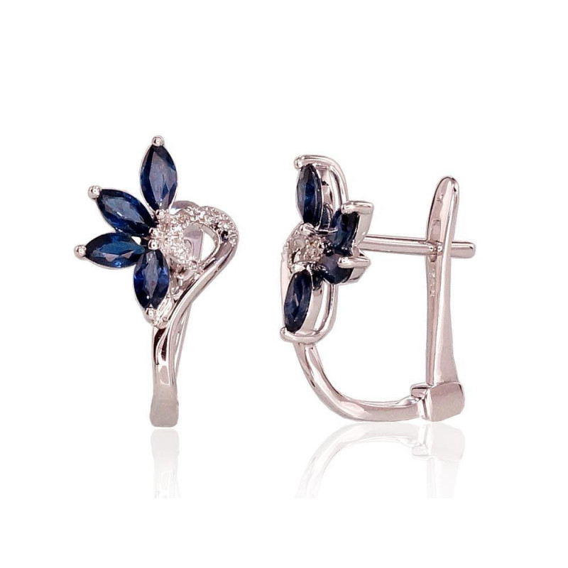 Auksiniai auskarai ant cilindrinės spynos 1200717(Au-W)_DI+SA, Baltas Auksas 585°, Briliantai , Safyras