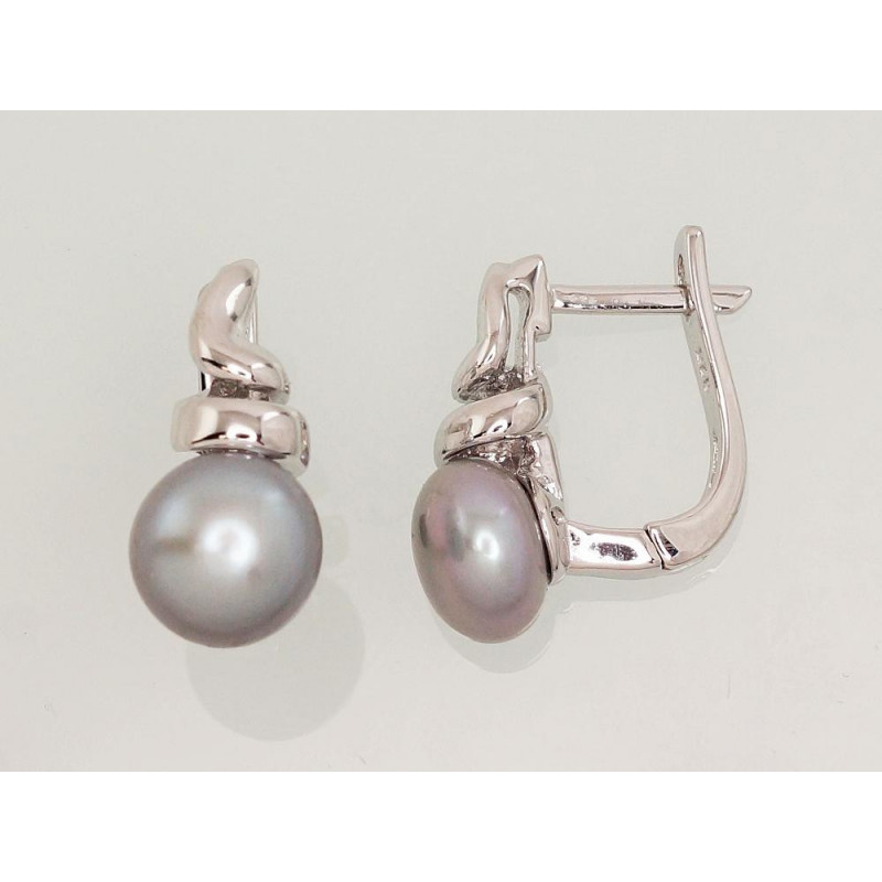 Sidabriniai auskarai ant cilindrinės spynos 2202919(PRh-Gr)_PE-GR, Sidabras 925°, rodis (padengti), Perlai