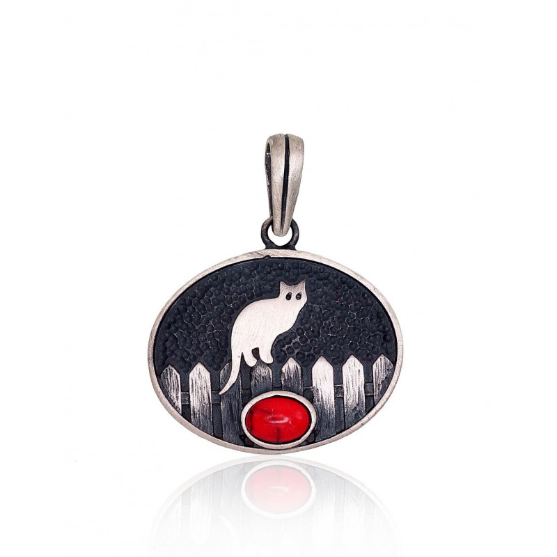 Sidabrinis pakabukas 2301800(Matt+POx-MattBk)_COX, Sidabras 925°, oksidas (padengti), Koralas (Imitacija)